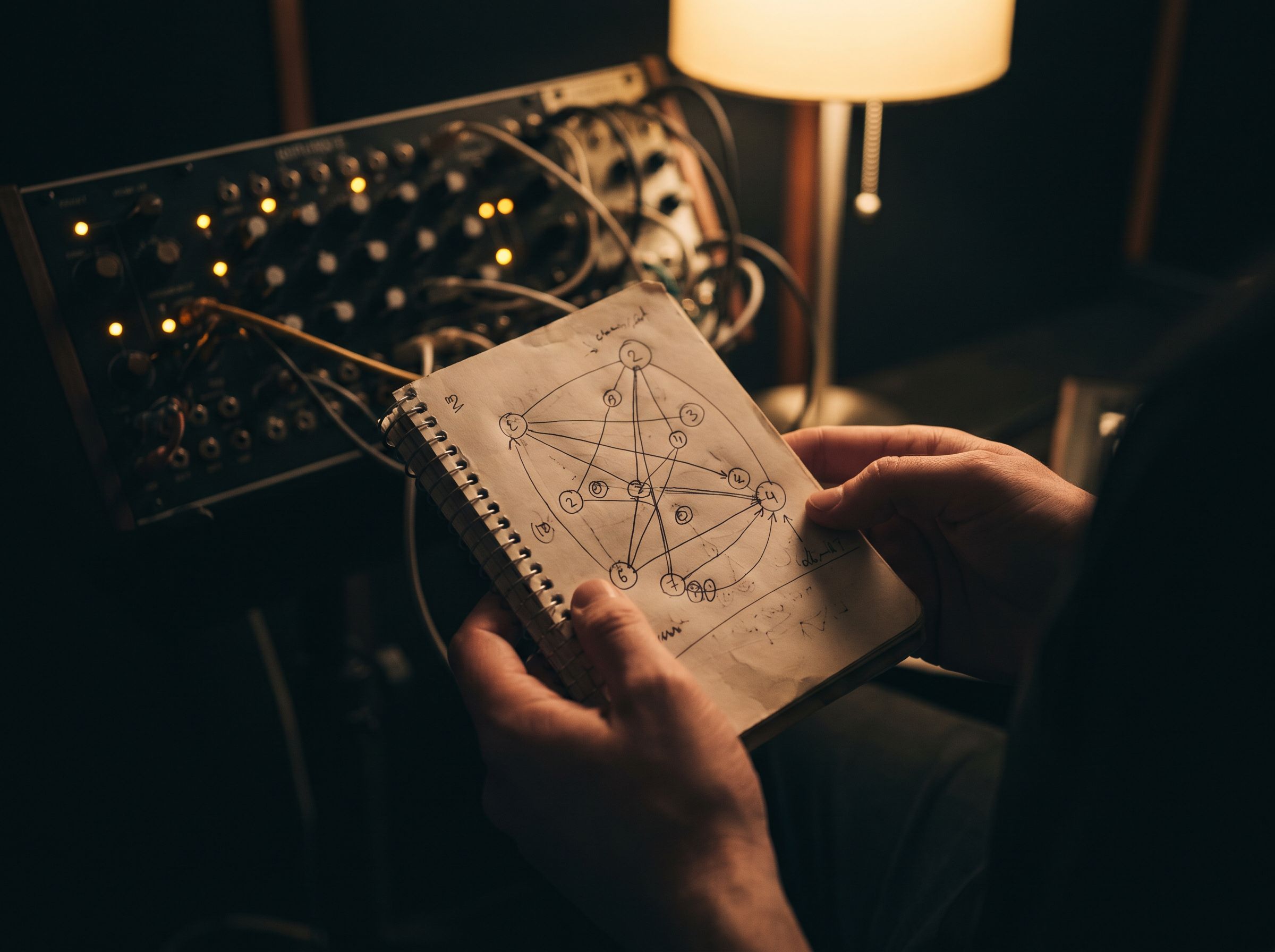 A hand-drawn patch sheet on graph paper, Eurorack rack in the soft background